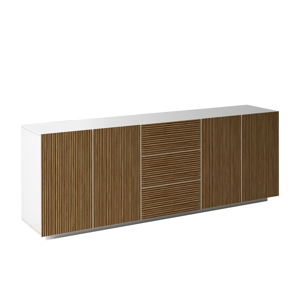 Grand buffet 4 portes cannelé blanc mat et bois clair 220 cm - COSTE