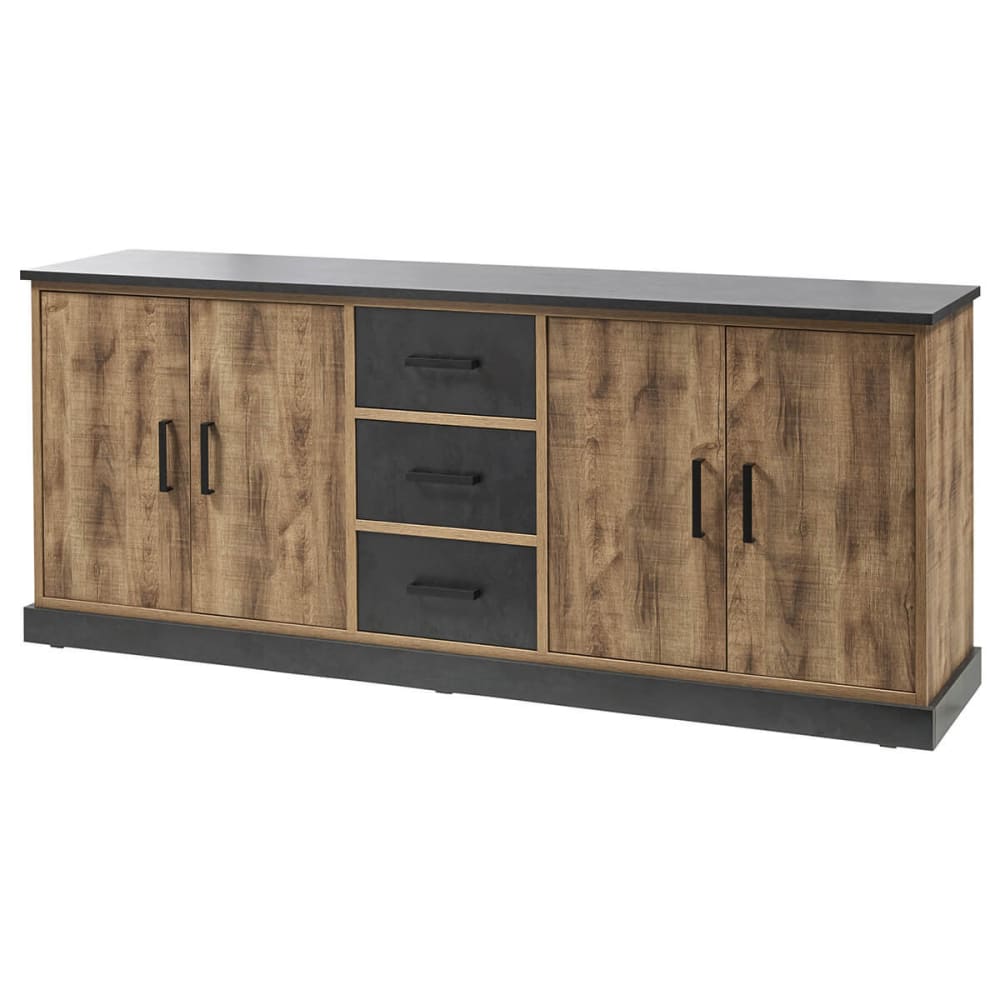 Grand buffet industriel JENNA bois et métal noir 226 cm avec 4 portes