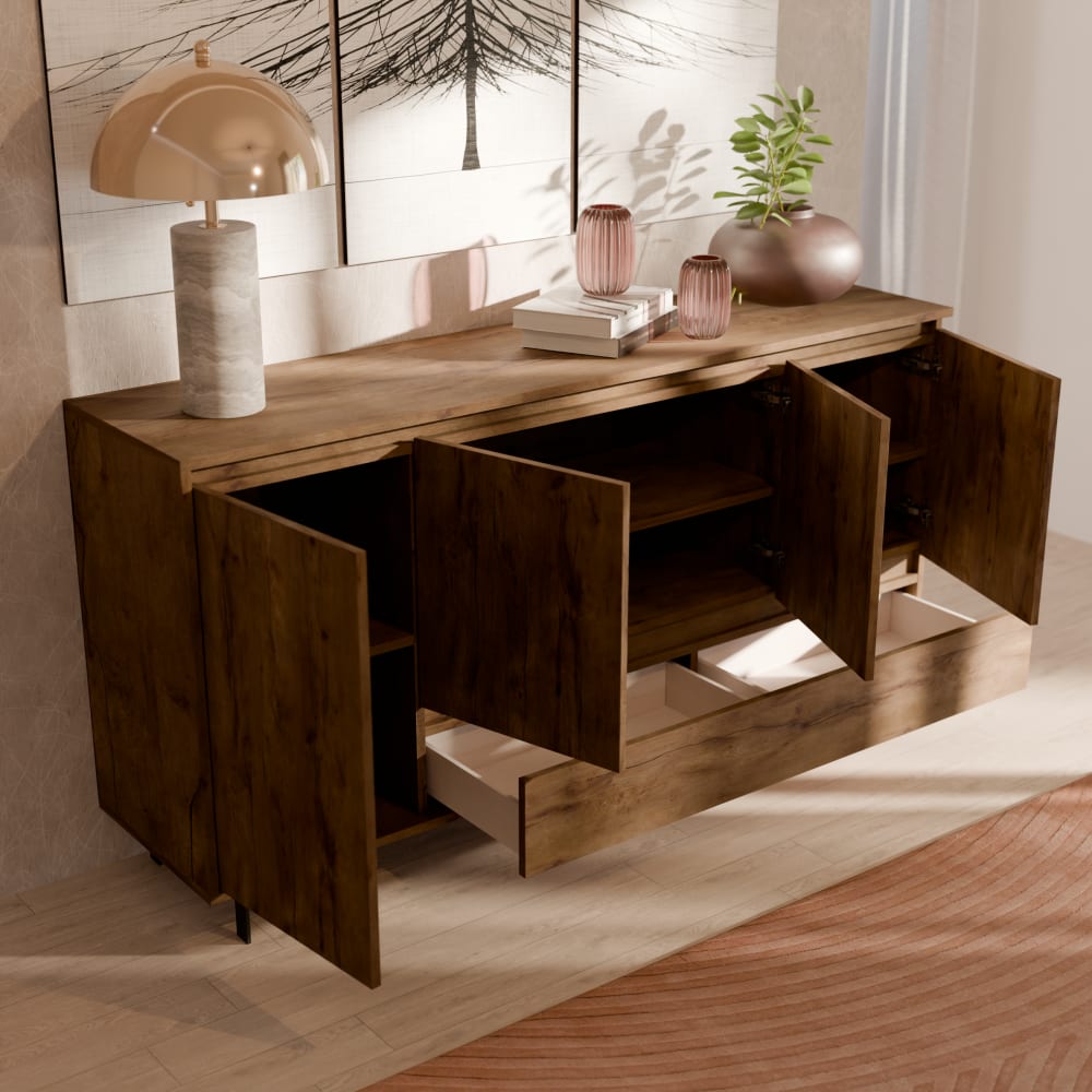 Buffet GUSTAVO portes ouvertes sur ses rangements