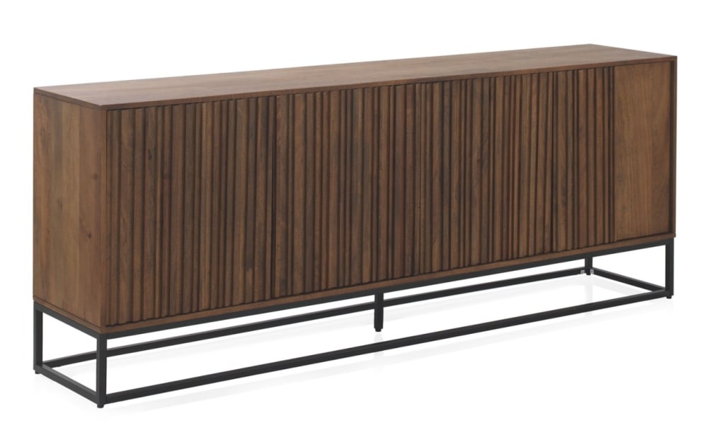 Grand buffet GEESE HOME en manguier massif 200 cm avec 4 portes gaufrées et base métal