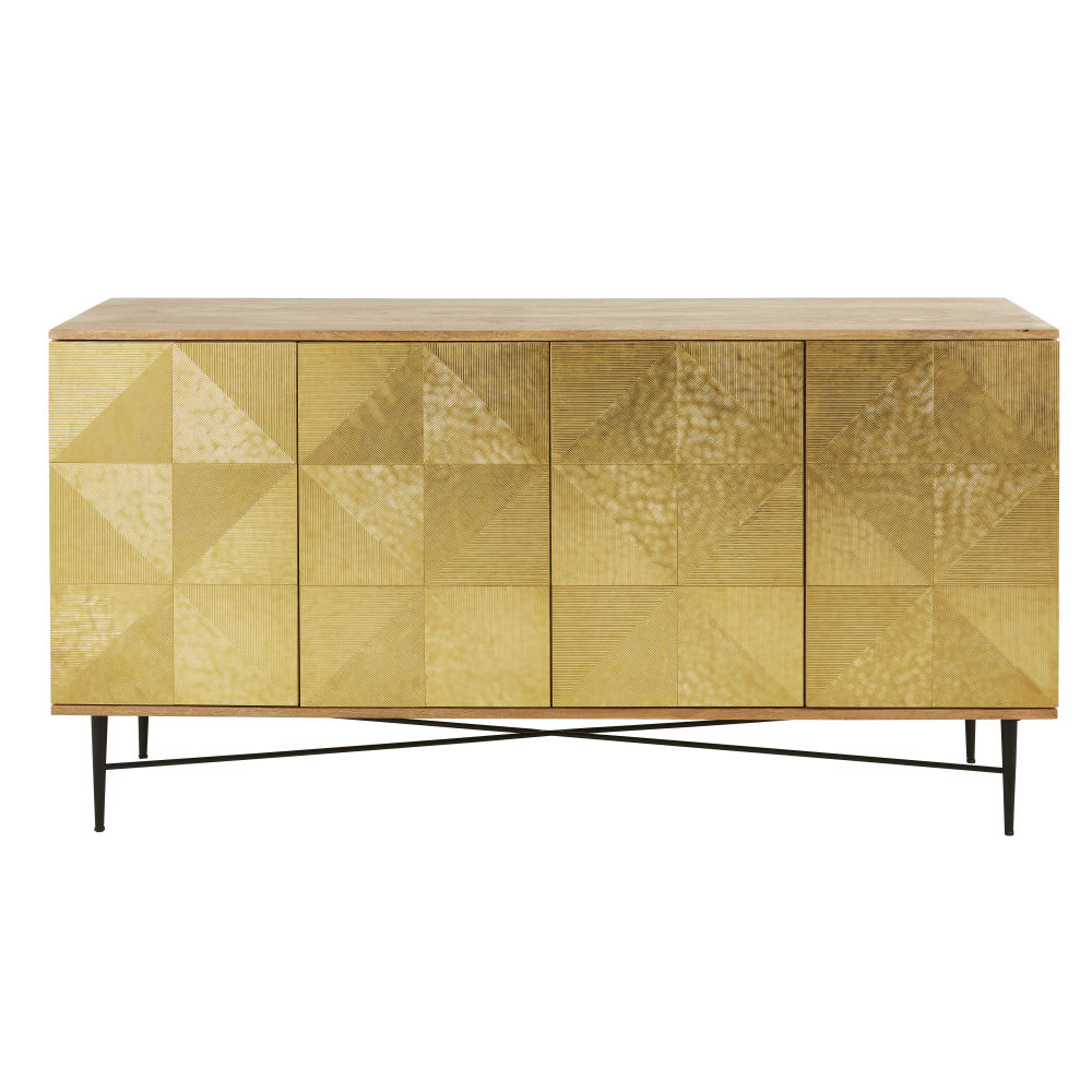 Grand buffet MOSCOVA en manguier massif et métal martelé doré 160 cm