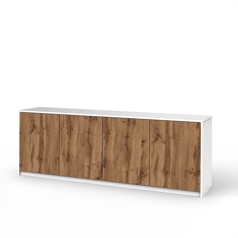 Très grand buffet BUDAPEST 4 portes blanc mat et chêne 238 cm