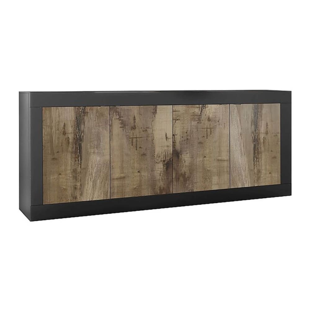 Grand buffet OTELLO noir mat et effet bois vieilli 207 cm avec 4 portes