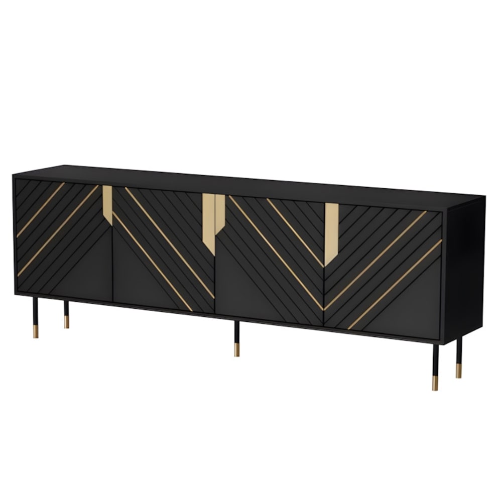 Grand buffet CARDONA noir et doré 204 cm avec 4 portes sans poignée