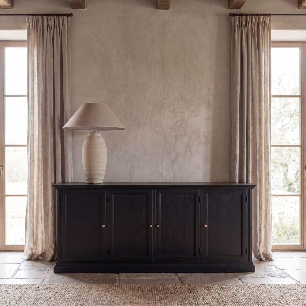Grand buffet bahut CAMBRONNE noir mat 4 portes en pin massif 210 cm