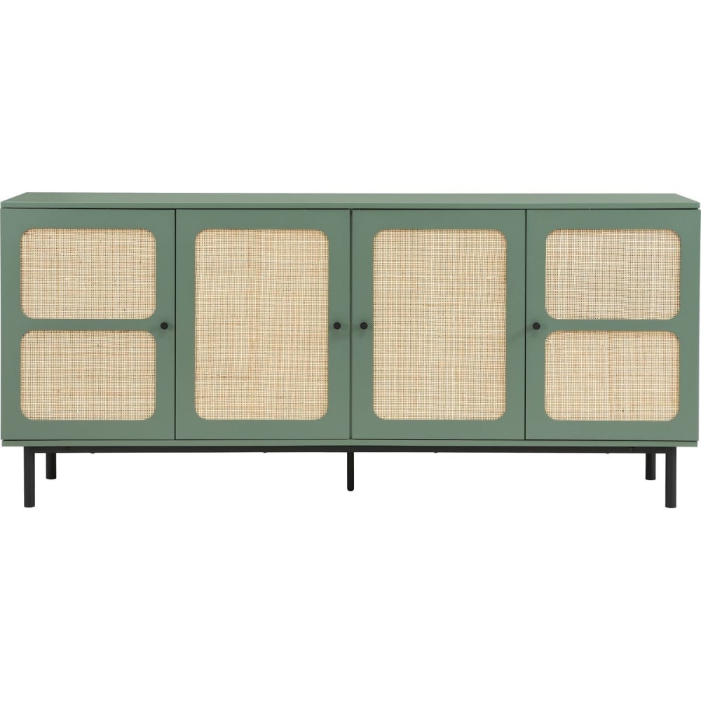 Grand buffet LUMA vert et cannage 180 cm à 4 portes et piètement métal noir