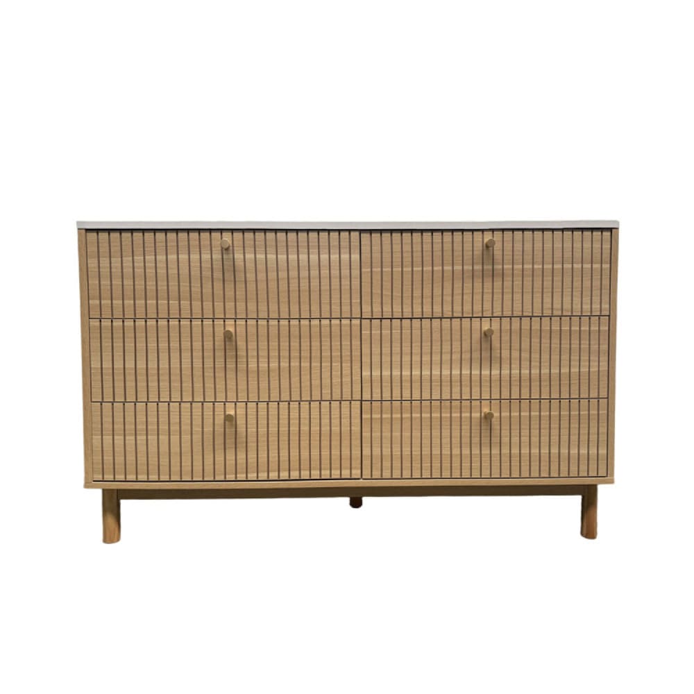 Buffet BROX 6 tiroirs bois rainuré et plateau blanc 120 cm