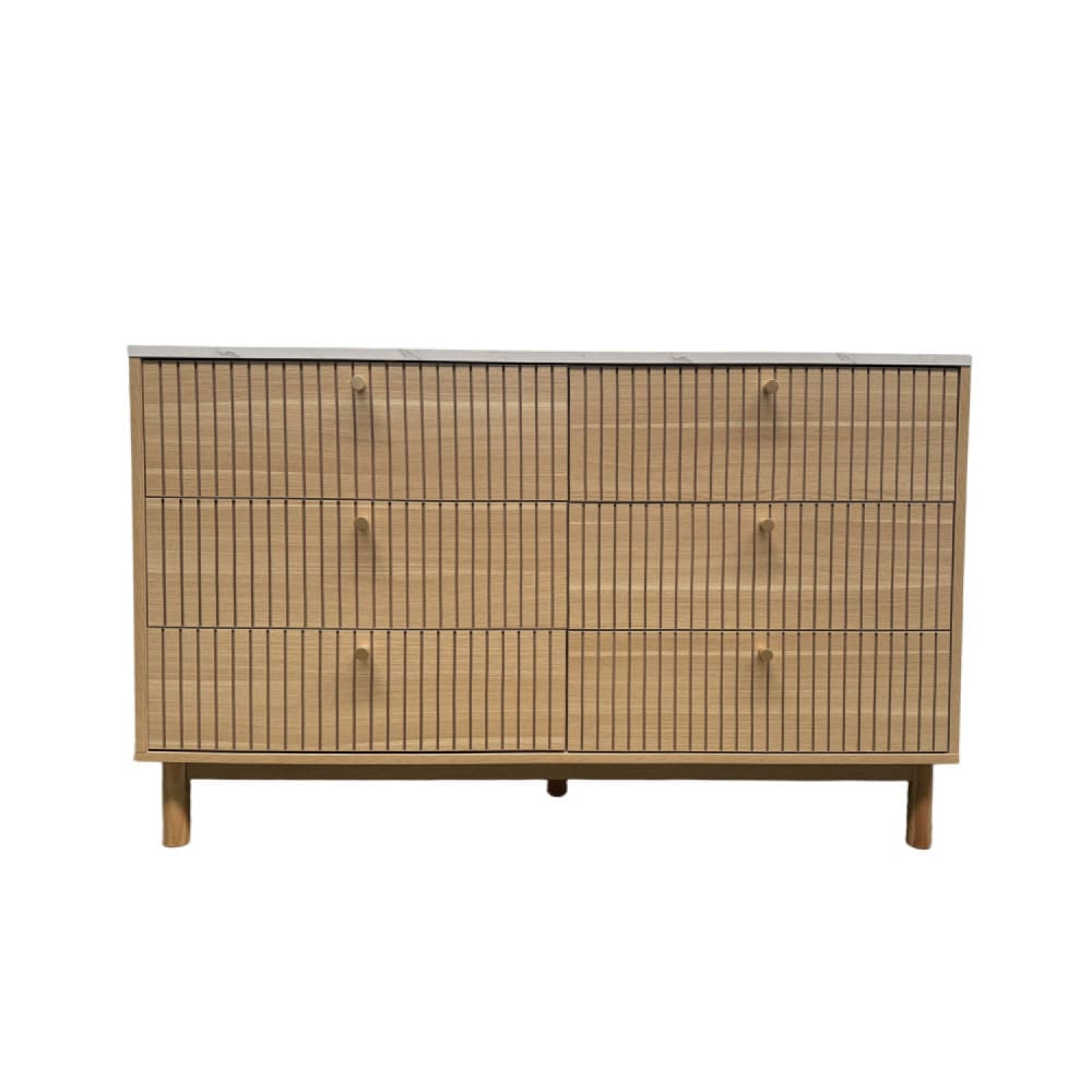 Buffet BROX 6 tiroirs bois rainuré et plateau effet marbre 120 cm