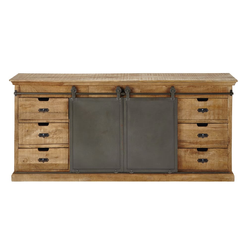 Grand buffet GERMAIN en manguier massif 190 cm avec 6 tiroirs et 2 portes coulissantes
