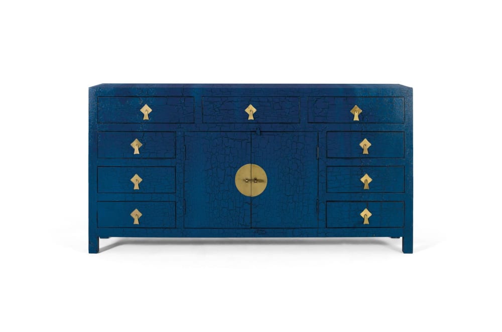 Grand buffet GINER Y COLOMER bleu vieilli sculpté 180 cm avec portes et tiroirs