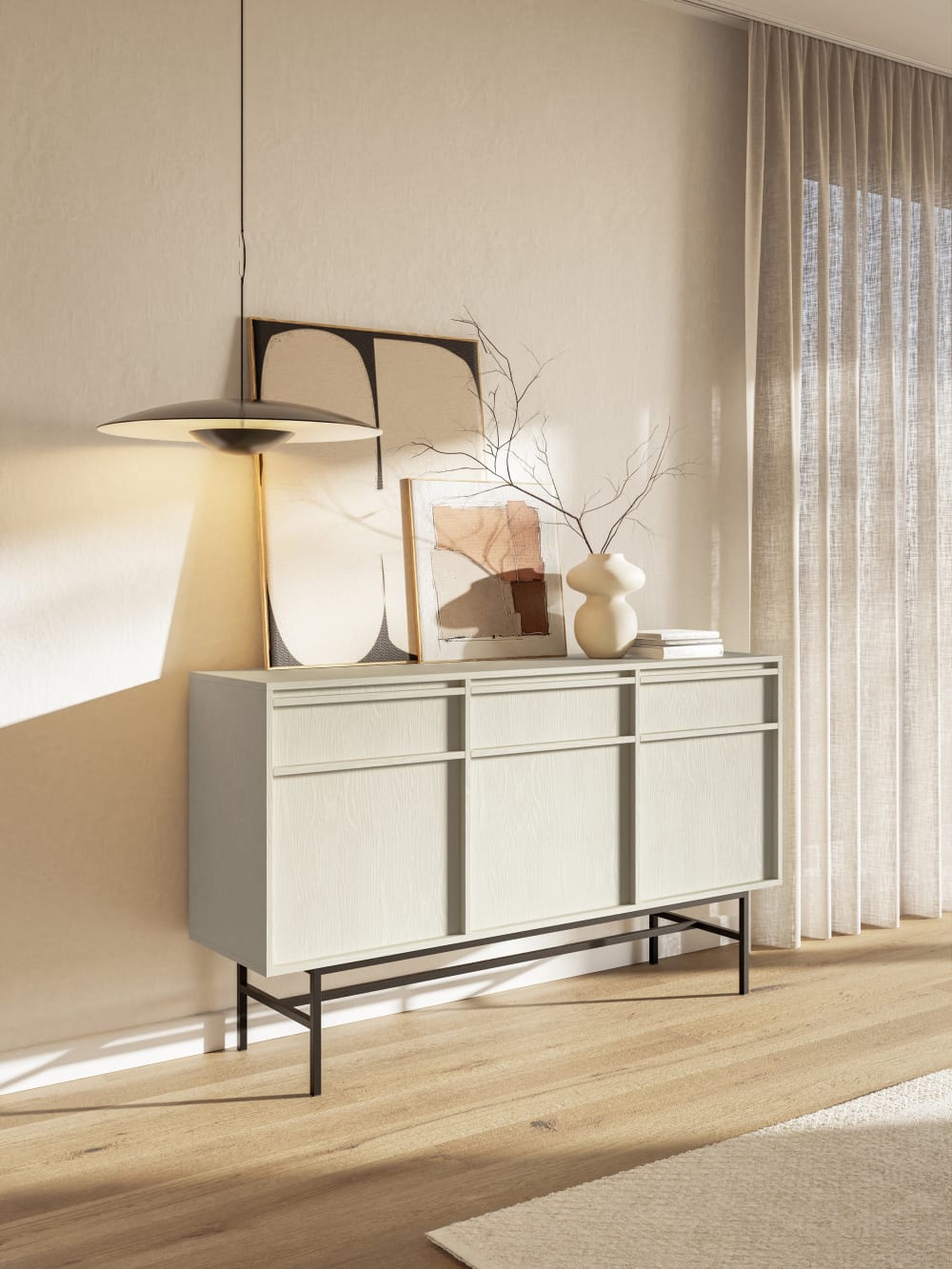 Buffet EVO tiroirs ouverts sur son rangement intérieur