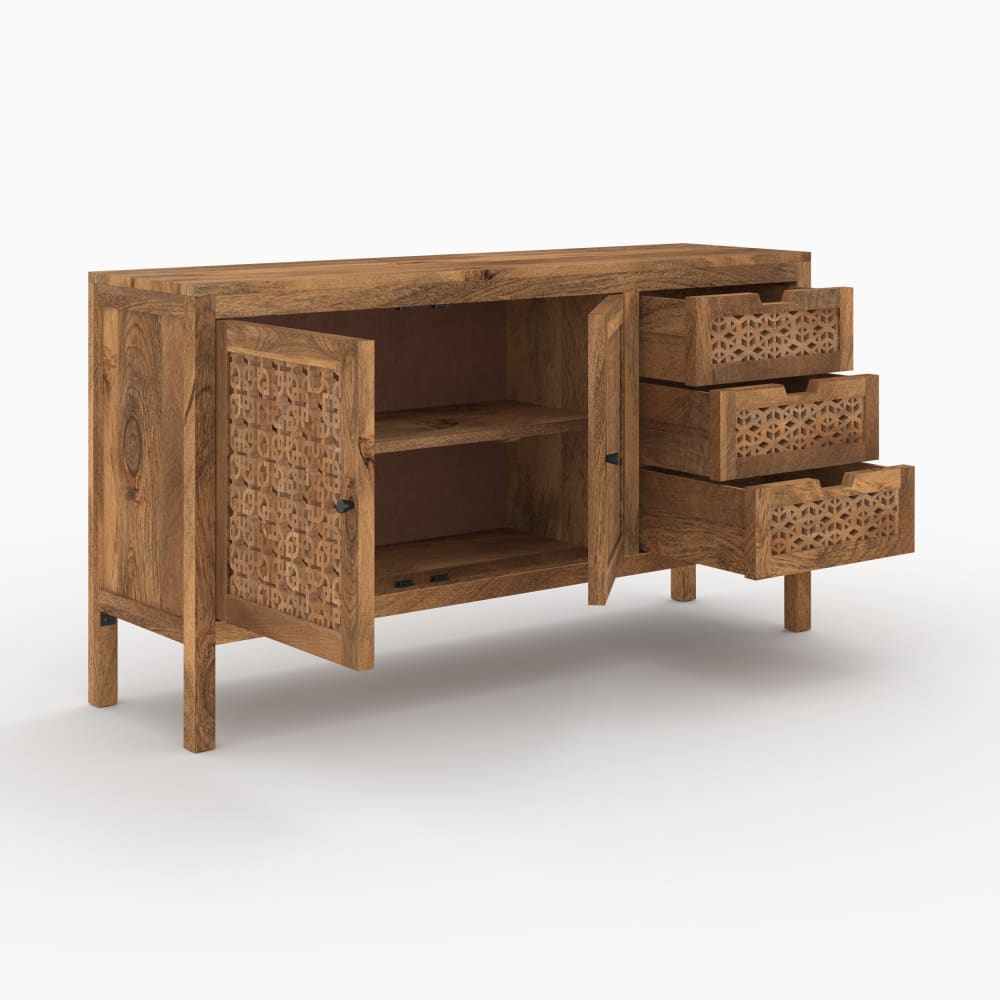 Buffet JAYA tiroirs sculptés ouverts