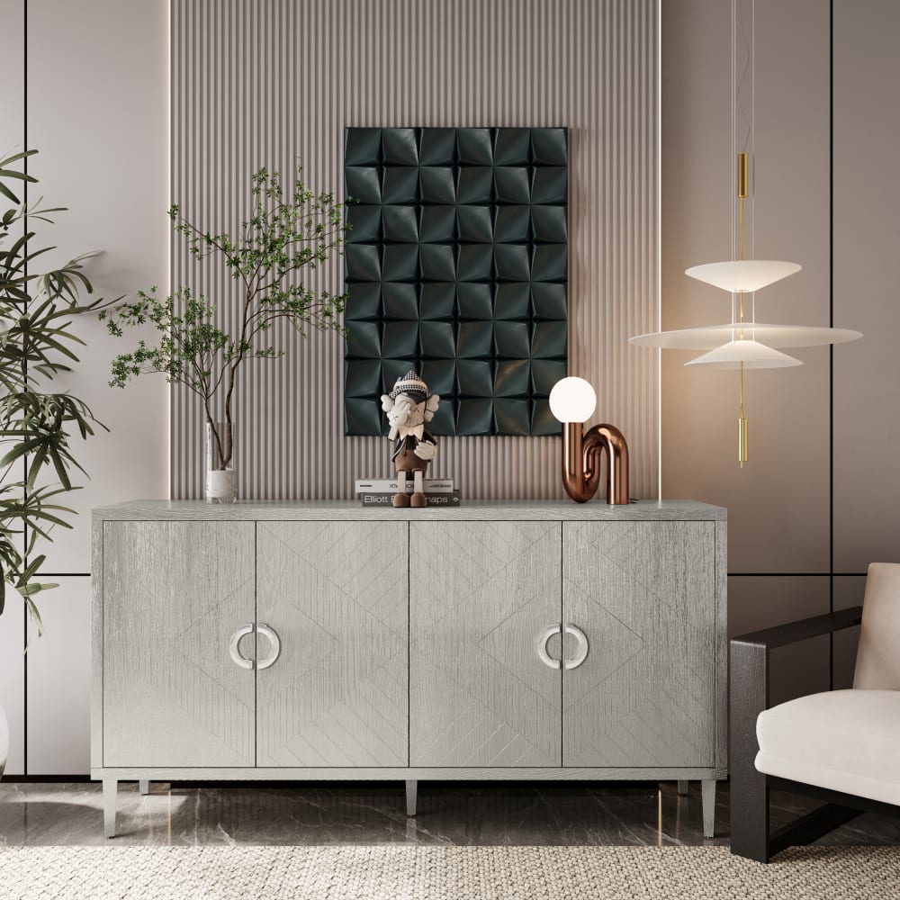 Détail des motifs géométriques en relief du buffet URBAN MEUBLE