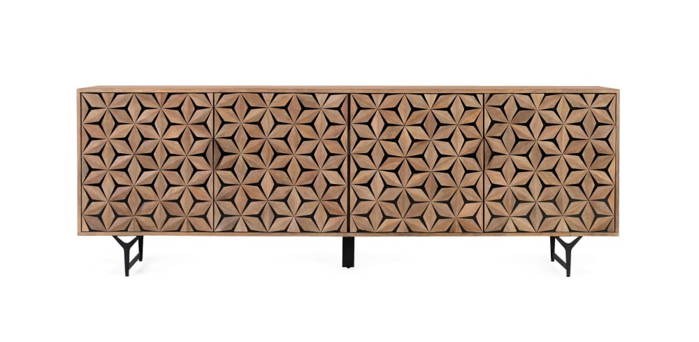 Grand buffet artisanal GINER Y COLOMER en manguier 220 cm avec 4 portes gravées
