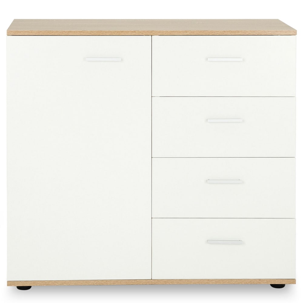 Petit buffet CHICAGO blanc et chêne sonoma 91 cm avec 4 tiroirs