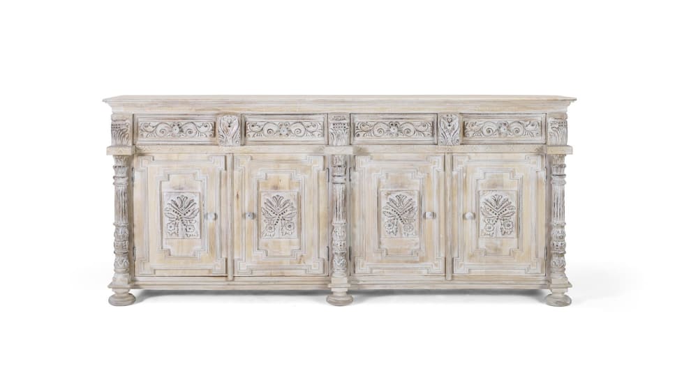 Grand buffet NORELIE en manguier blanc vieilli 225 cm à 4 portes et 4 tiroirs