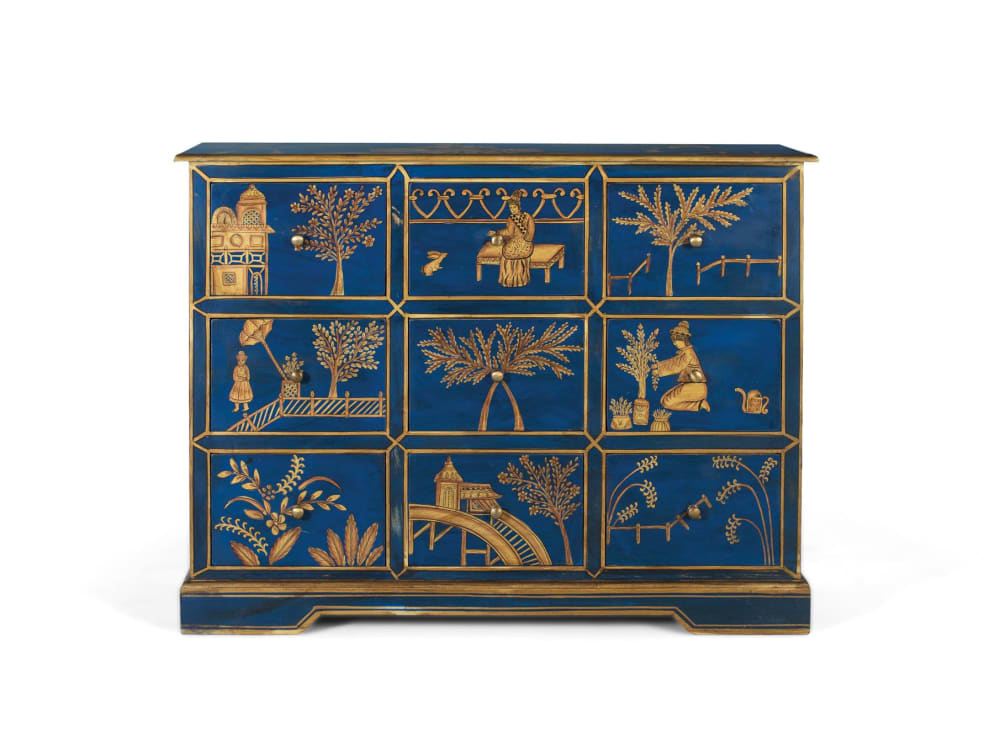 Buffet GINER Y COLOMER en manguier 120 cm avec 9 tiroirs peints main et dorures