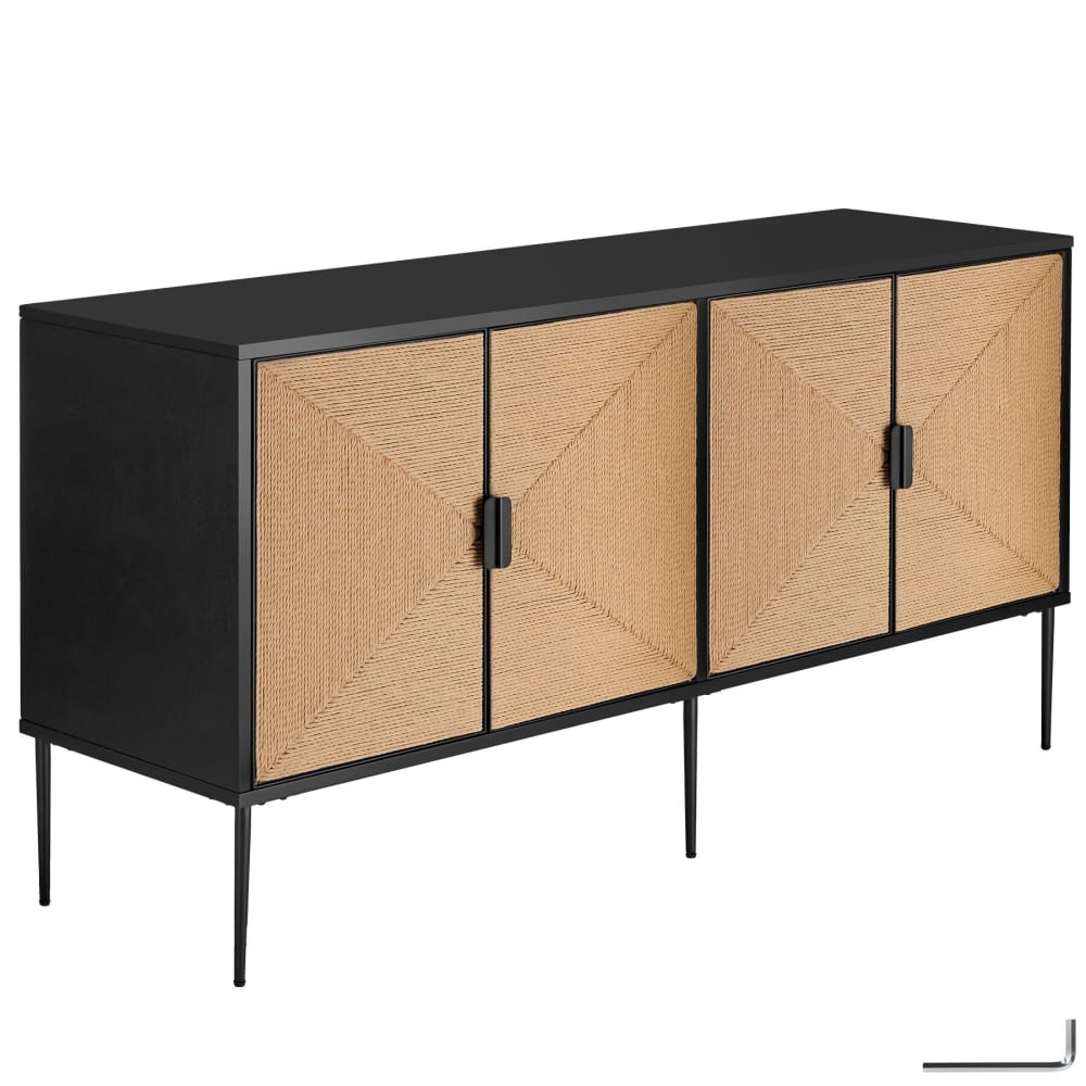 Buffet JUNA 150 cm avec 4 portes effet jute et structure en eucalyptus laqué