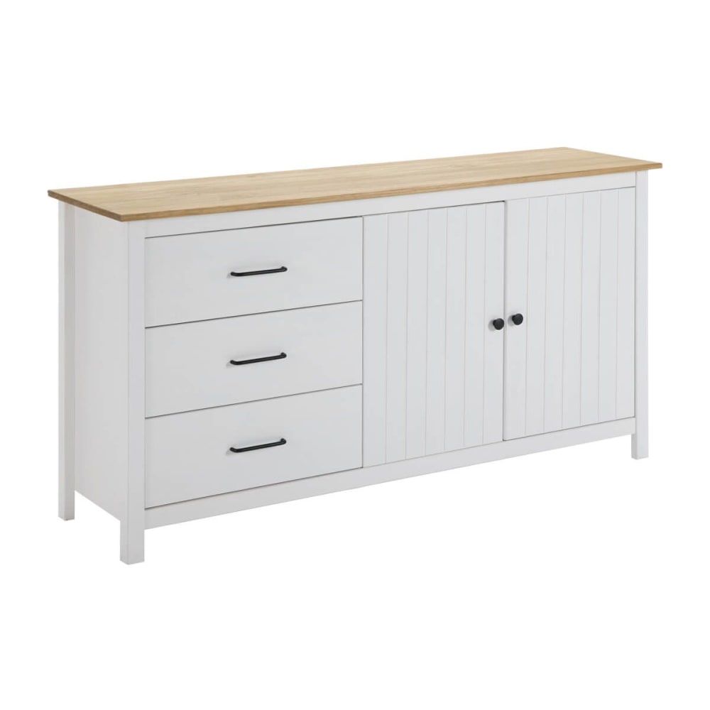 Buffet bas TINA en pin massif ciré et blanc 150 cm avec 2 portes et 3 tiroirs