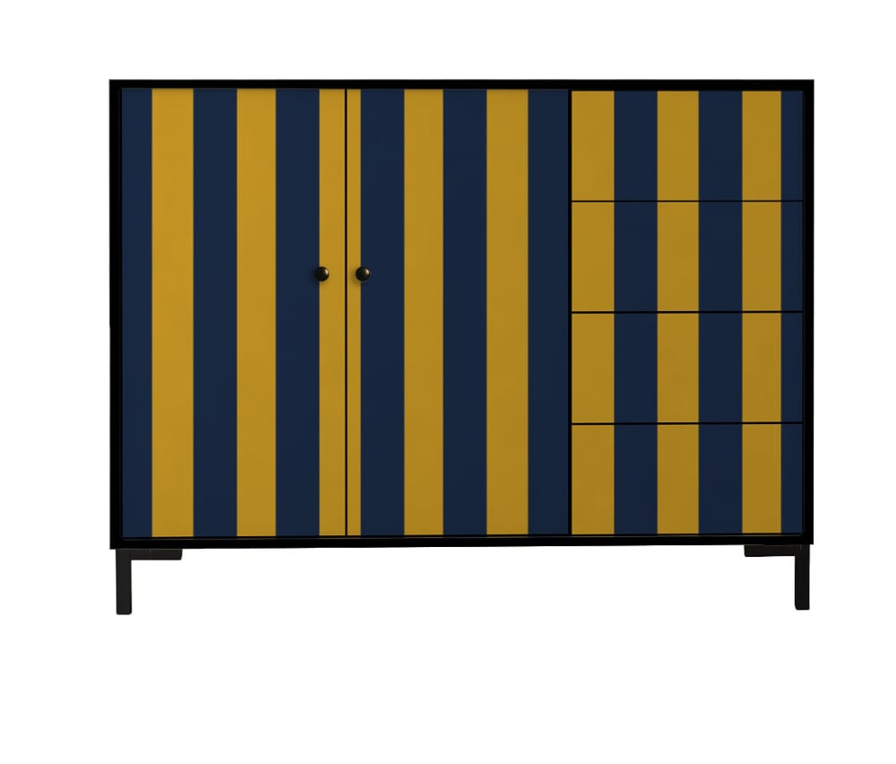Buffet bahut WILMA noir à décor fleuri 113 cm avec 2 portes et 4 tiroirs