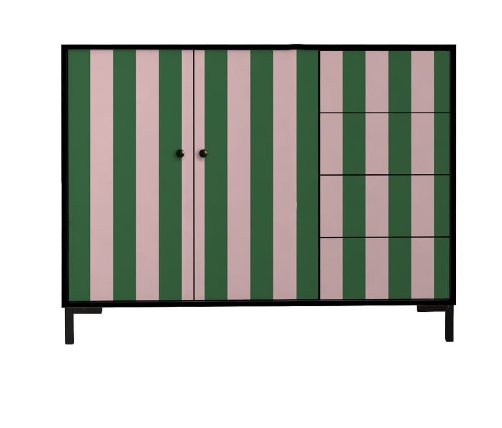 Buffet bas WILMA noir à motifs floraux 113 cm avec 2 portes et 4 tiroirs