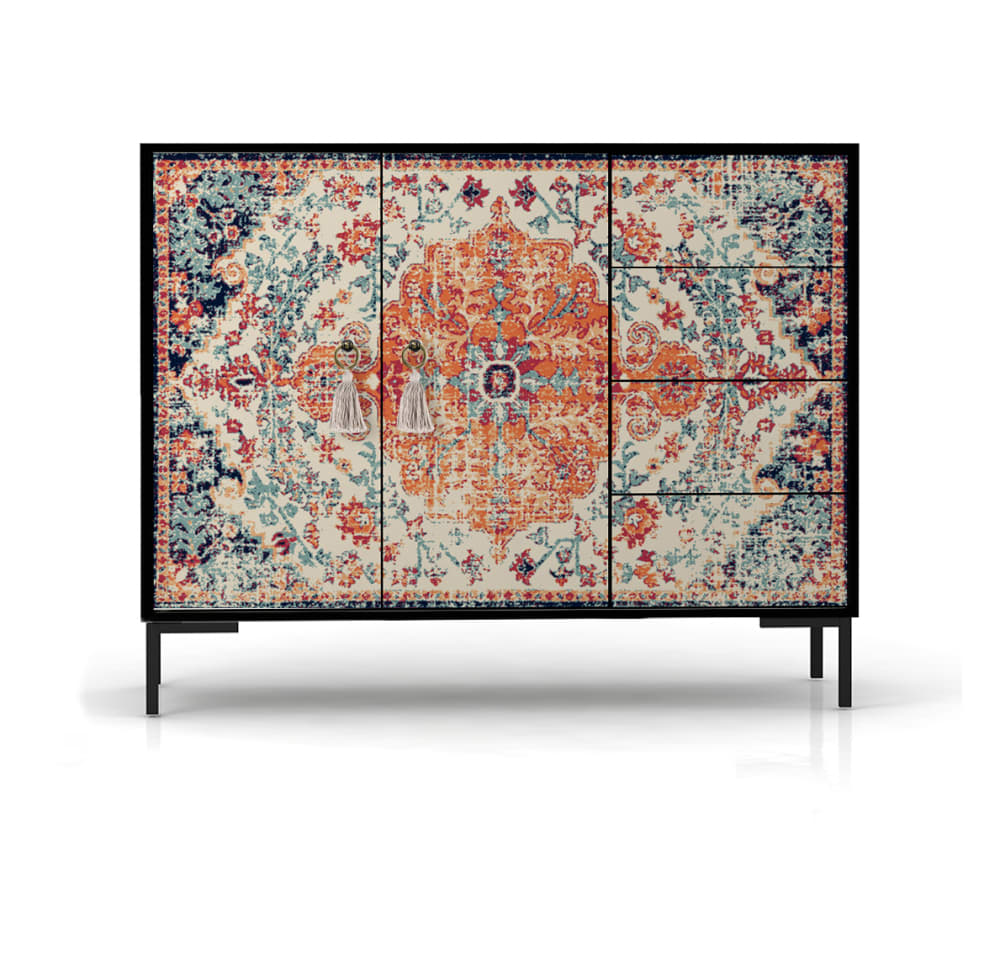 Buffet bas WILMA imprimé floral noir 113 cm avec 2 portes et 4 tiroirs