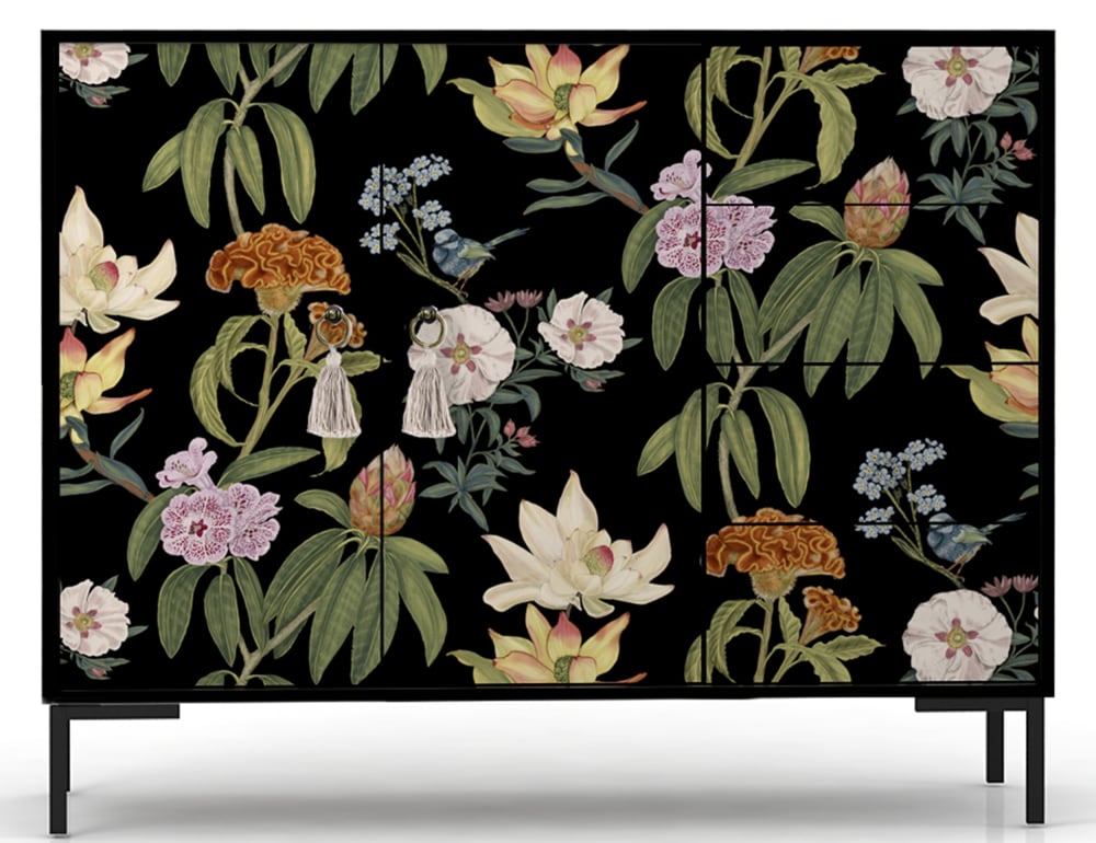 Buffet bas WILMA 2 portes 4 tiroirs imprimé floral noir 113 cm