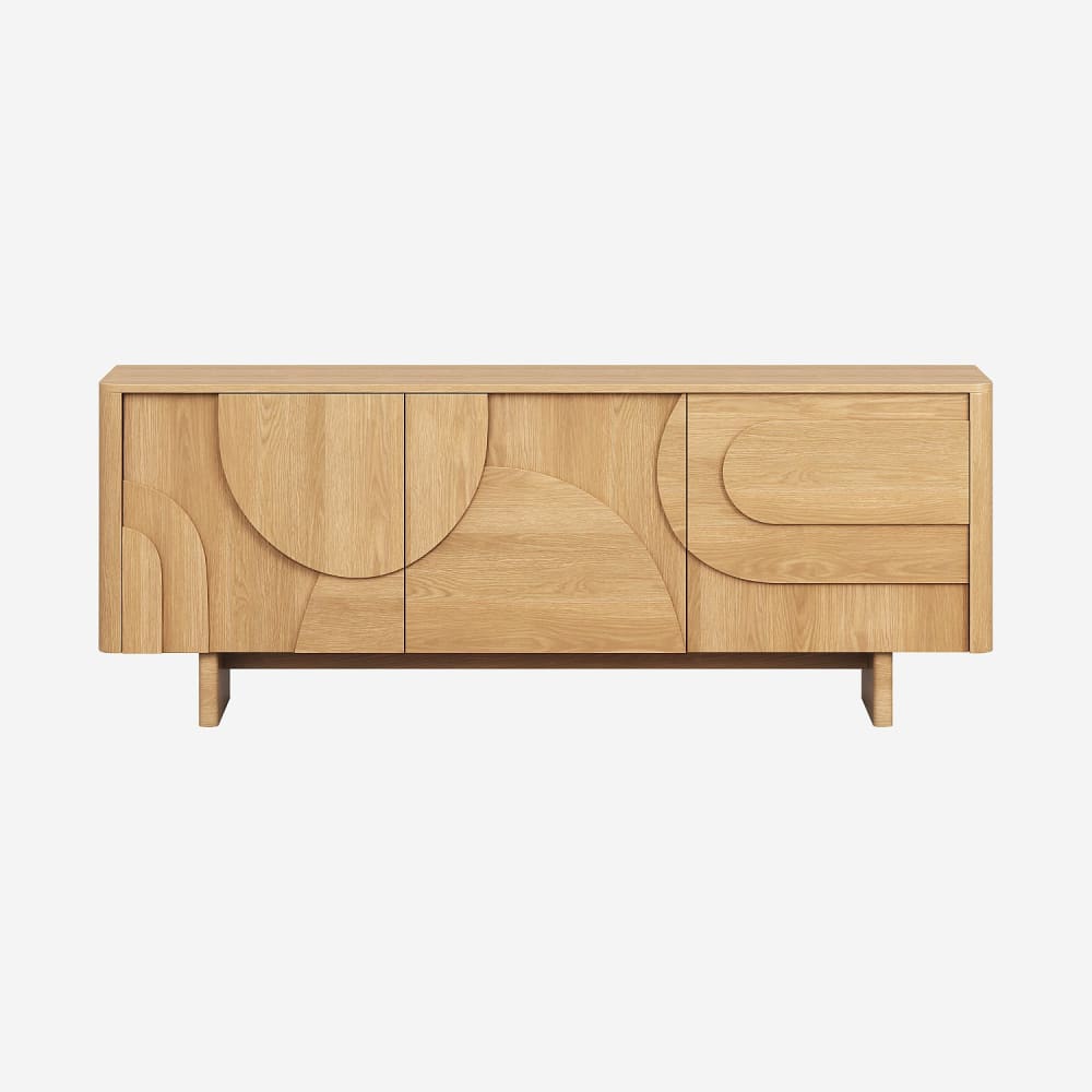 Buffet bas MILORD en chêne naturel 200 cm avec 3 portes sculptées