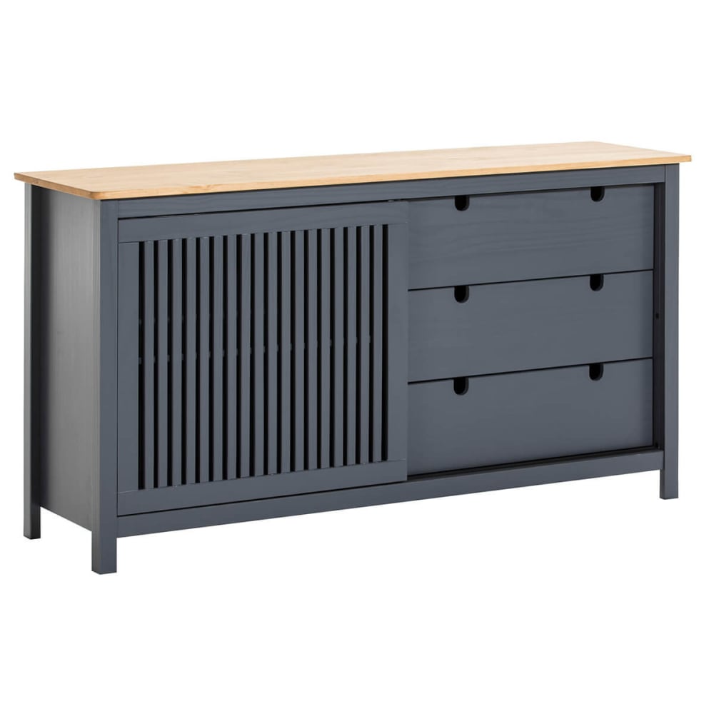 Buffet bas MALIA en pin ciré et gris 150 cm avec 3 tiroirs
