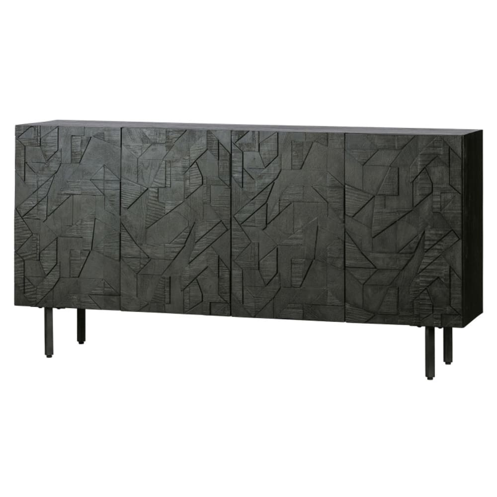 Buffet bas 4 portes sculptées en manguier et métal noir 160 cm - KOUKI