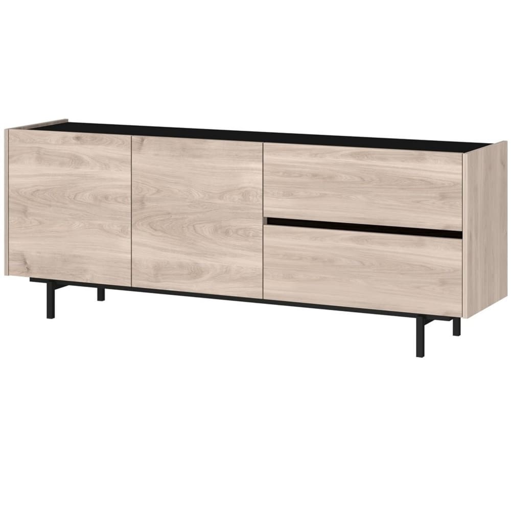 Buffet bas BASIC aspect chêne et noir 162 cm avec 2 portes et 2 tiroirs