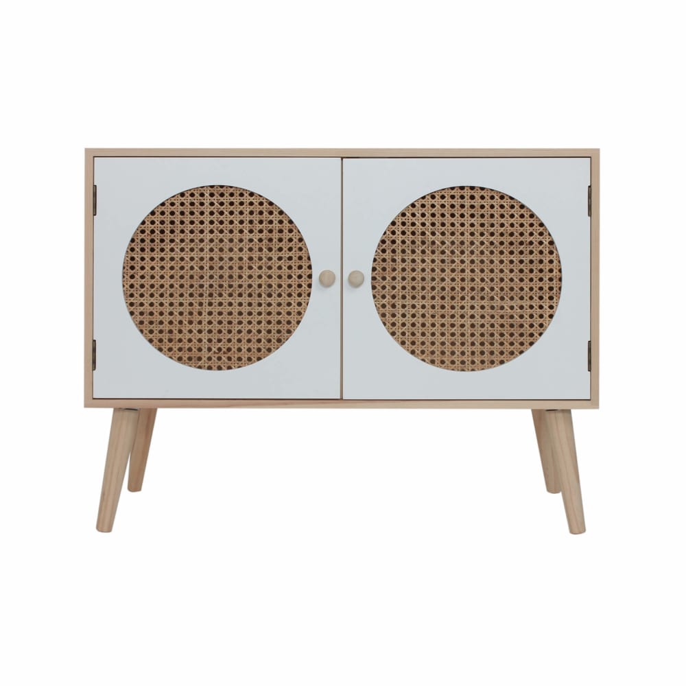 Petit buffet scandinave MOBILI REBECCA en rotin et pin 73 cm blanc et marron