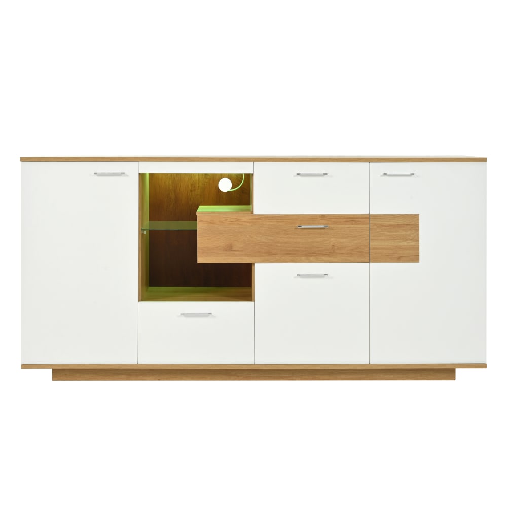 Buffet bahut URBAN MEUBLE blanc et chêne 160 cm avec niche vitrée éclairée
