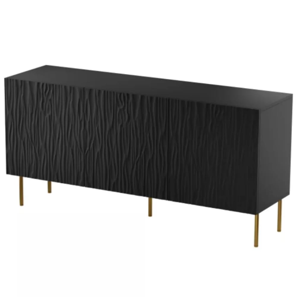 Buffet bas MOKT noir mat 152 cm à décor en relief avec pieds dorés