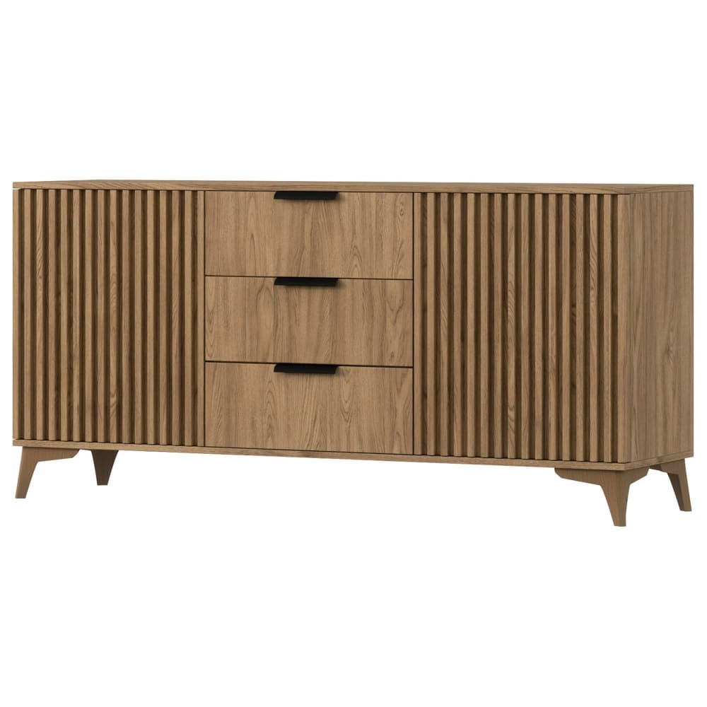 Buffet bas PORTMORE effet bois 150 cm à motif linéaire 2 portes 3 tiroirs