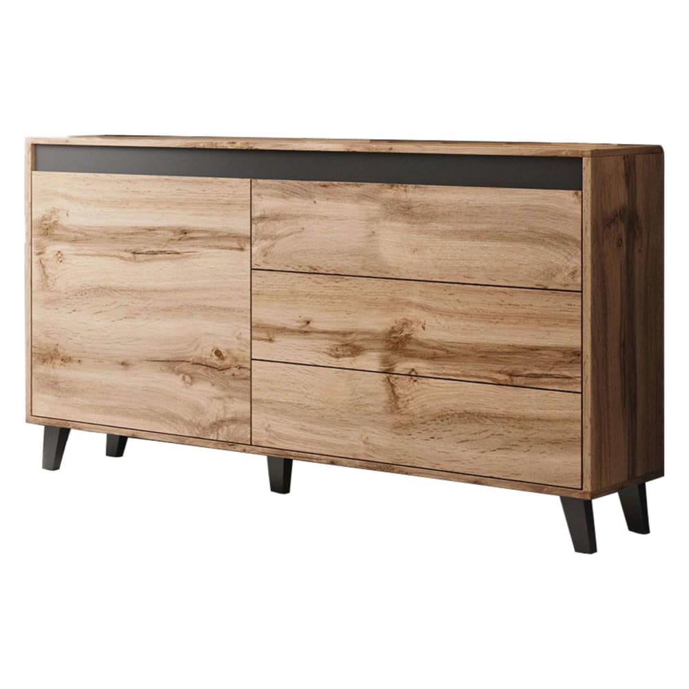 Buffet bas industriel LORD noir et bois 138 cm avec 3 tiroirs et 1 porte