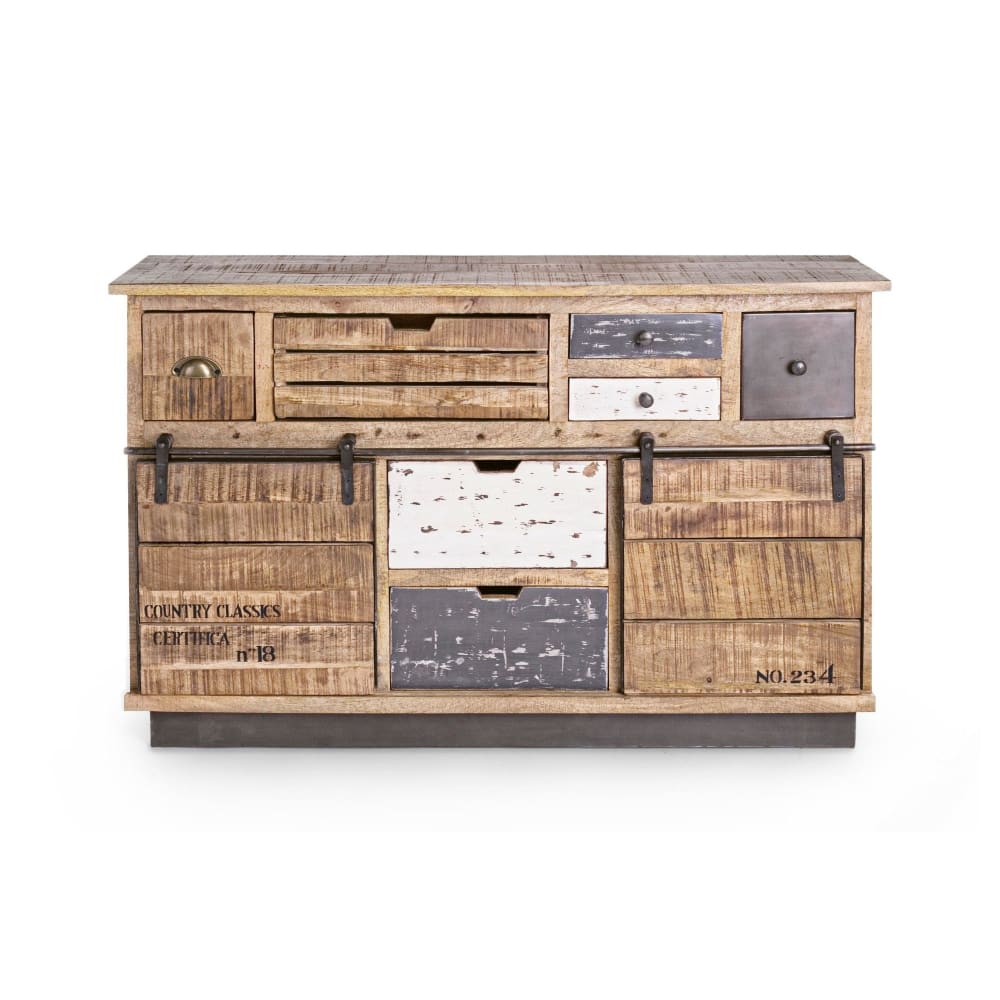 Buffet HARLEM en manguier et métal 125 cm avec 2 portes coulissantes et 7 tiroirs