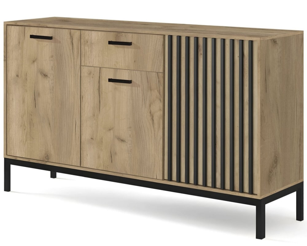 Buffet bas LAZARE noir et bois à tasseaux 154 cm avec 3 portes et 1 tiroir