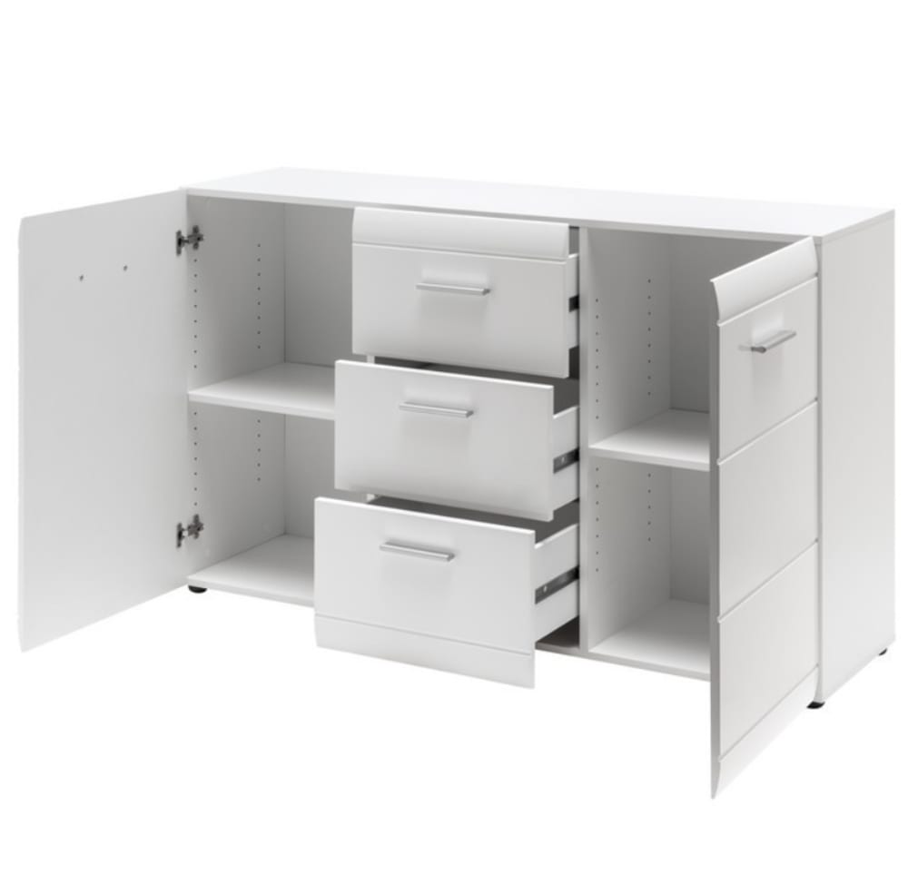 Buffet bahut ALAMA blanc brillant 144 cm avec 2 portes et 3 tiroirs