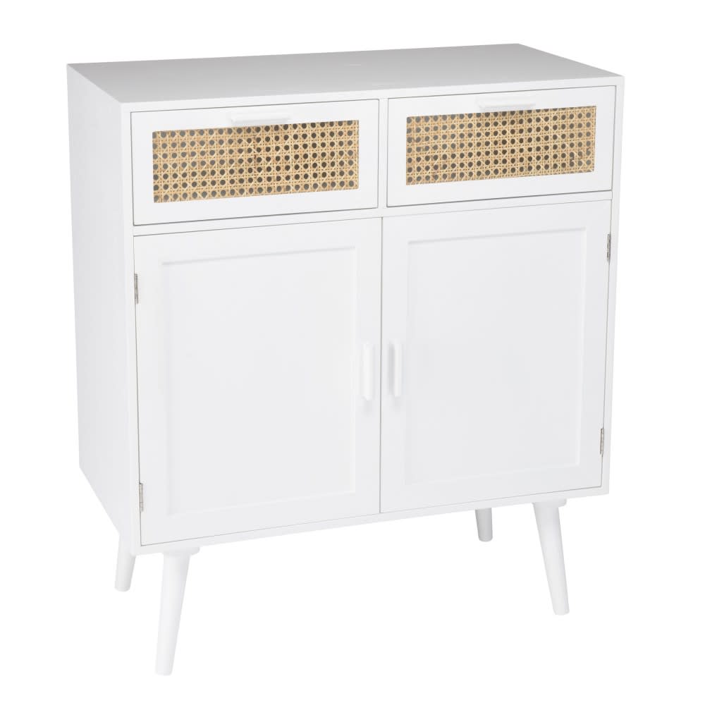 Petit buffet blanc SANDRO à cannage naturel 2 portes 2 tiroirs 75 cm