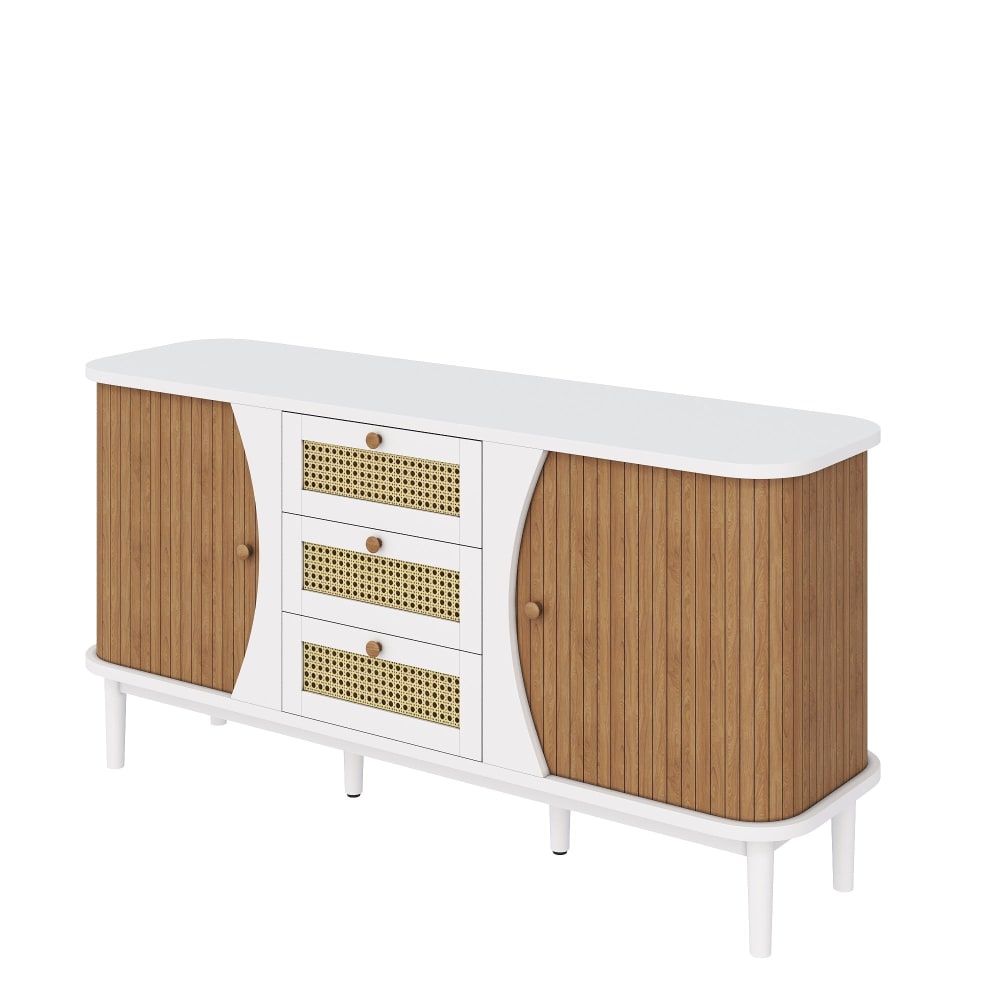 Buffet URBAN MEUBLE blanc et rotin 140 cm avec portes coulissantes en cannage