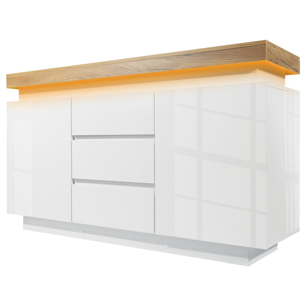 Buffet URBAN MEUBLE blanc brillant 140 cm avec plateau chêne et LED