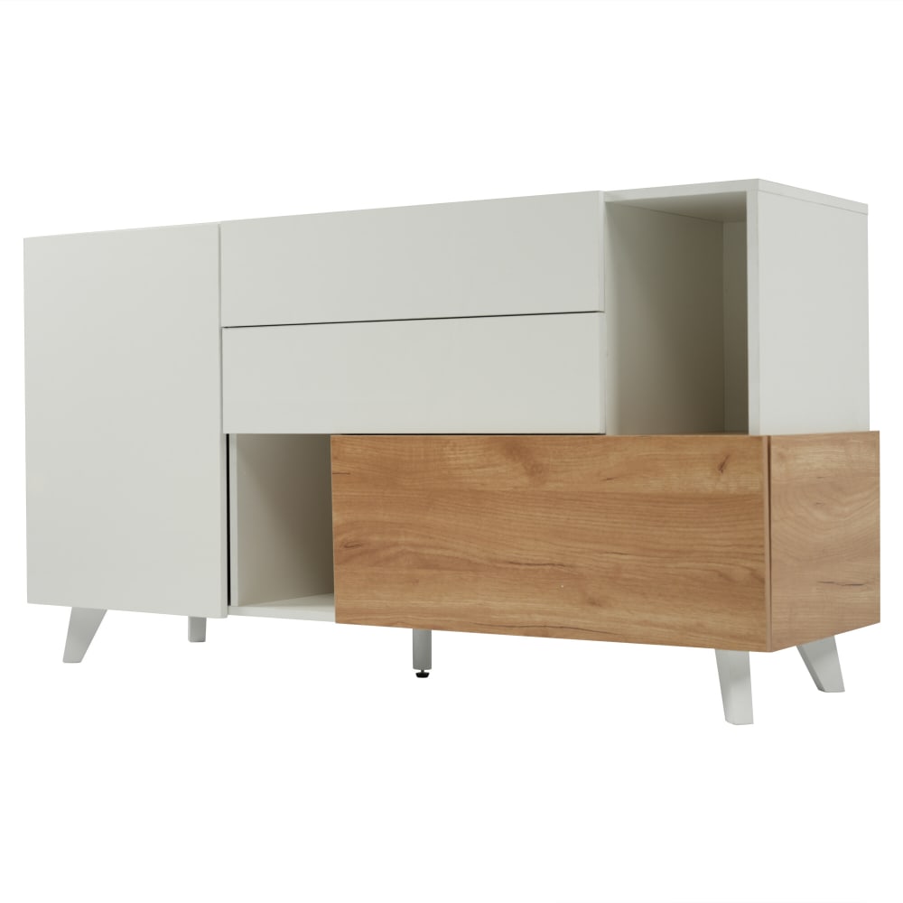 Buffet URBAN MEUBLE blanc brillant et effet bois avec niches ouvertes
