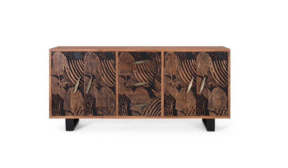 Buffet enfilade TROPICANA en acacia massif et métal noir 175 cm avec 4 portes et 3 tiroirs