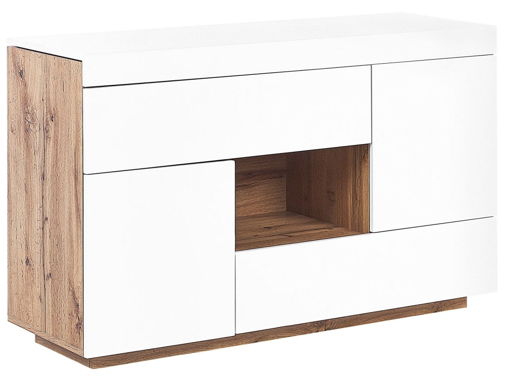 Petit buffet bureau GORAN blanc et bois clair 42 cm avec 2 portes et 2 tiroirs