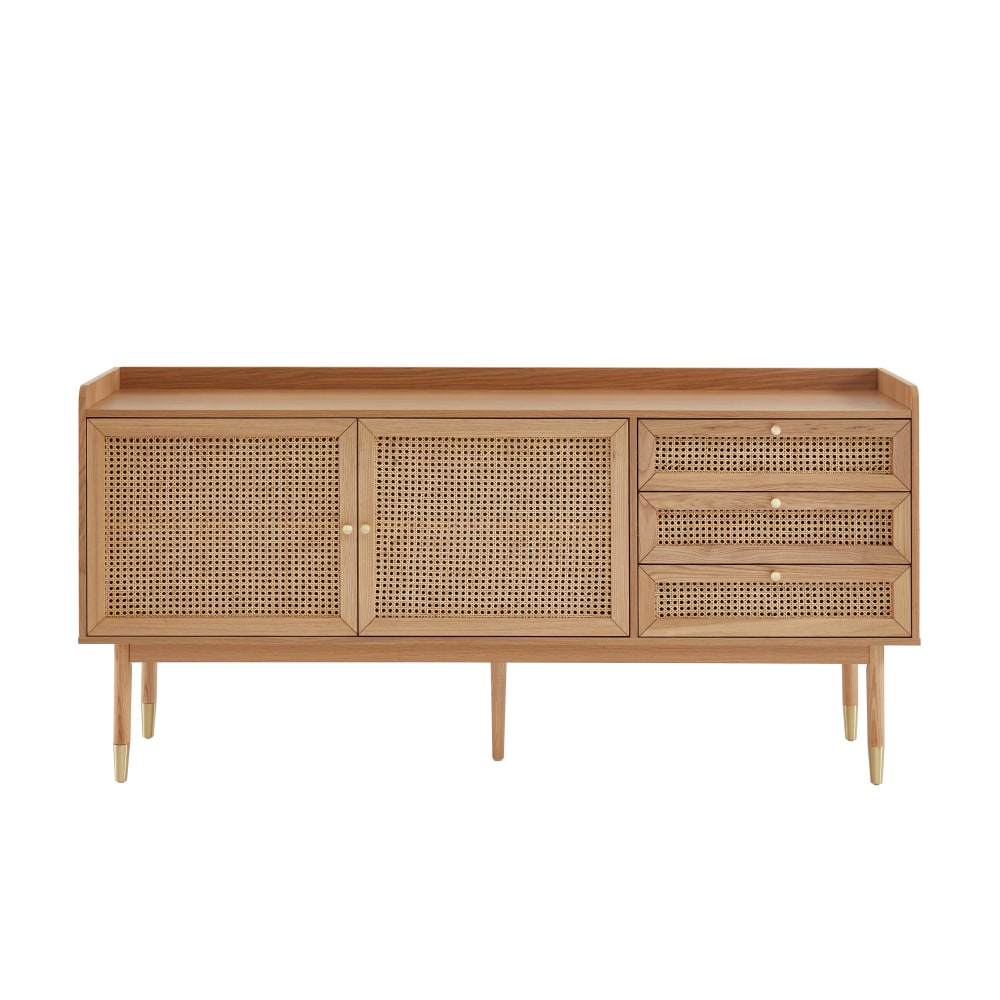 Buffet LEON décor chêne et cannage naturel 180 cm avec 3 tiroirs