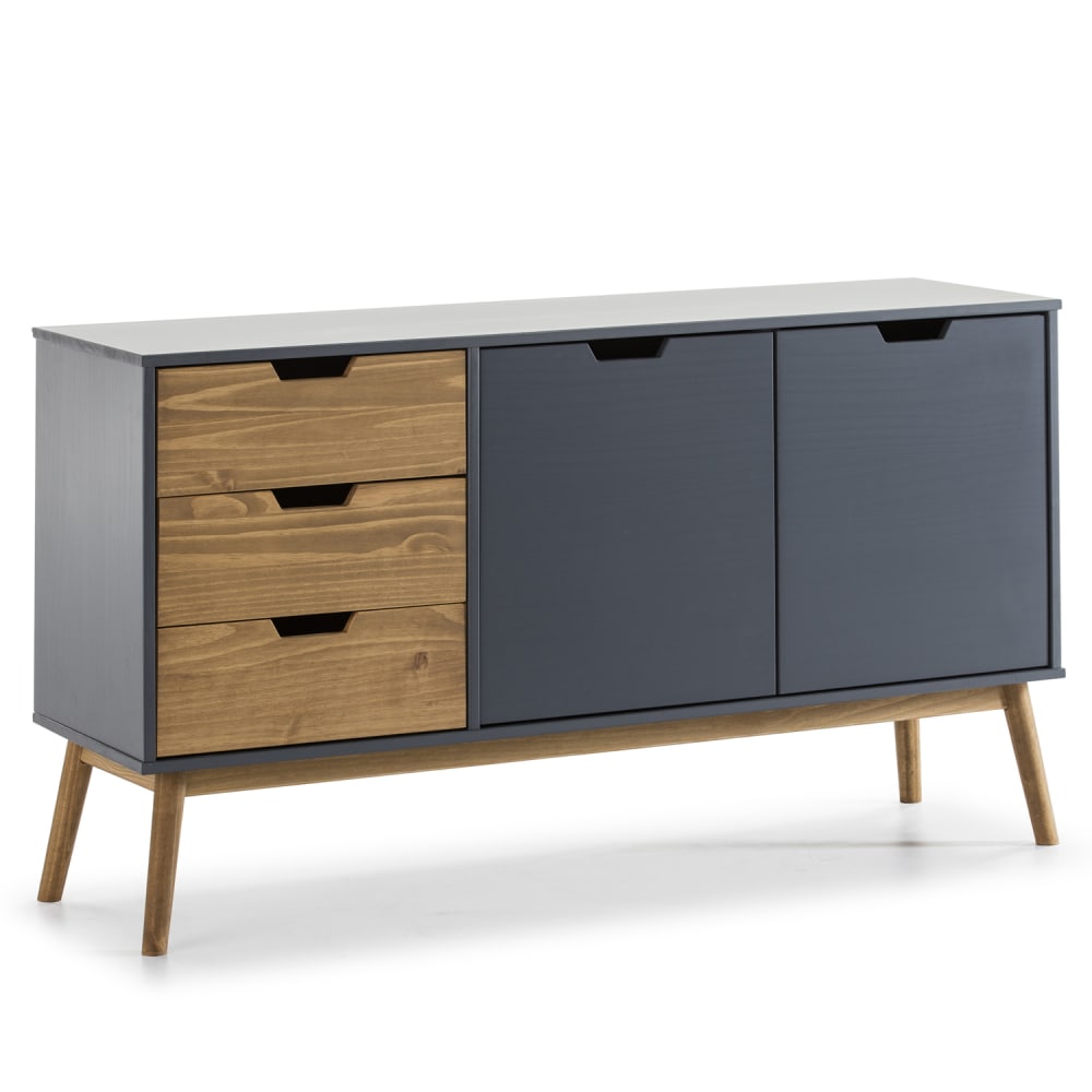 Buffet JAVA en pin massif anthracite 140 cm avec 3 tiroirs