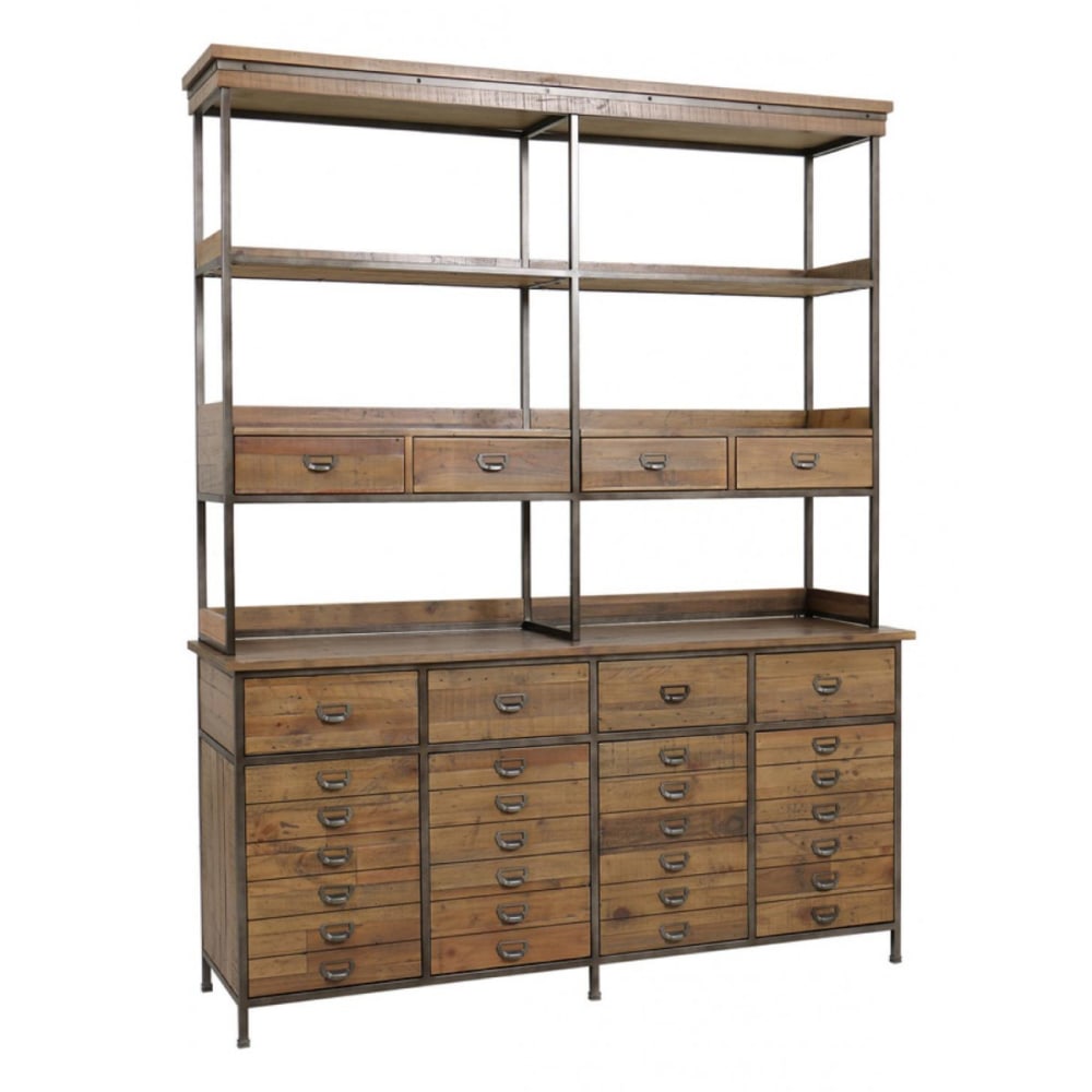 Buffet vaisselier MANUFACTURE en bois recyclé patiné 180 cm et 228 cm de hauteur