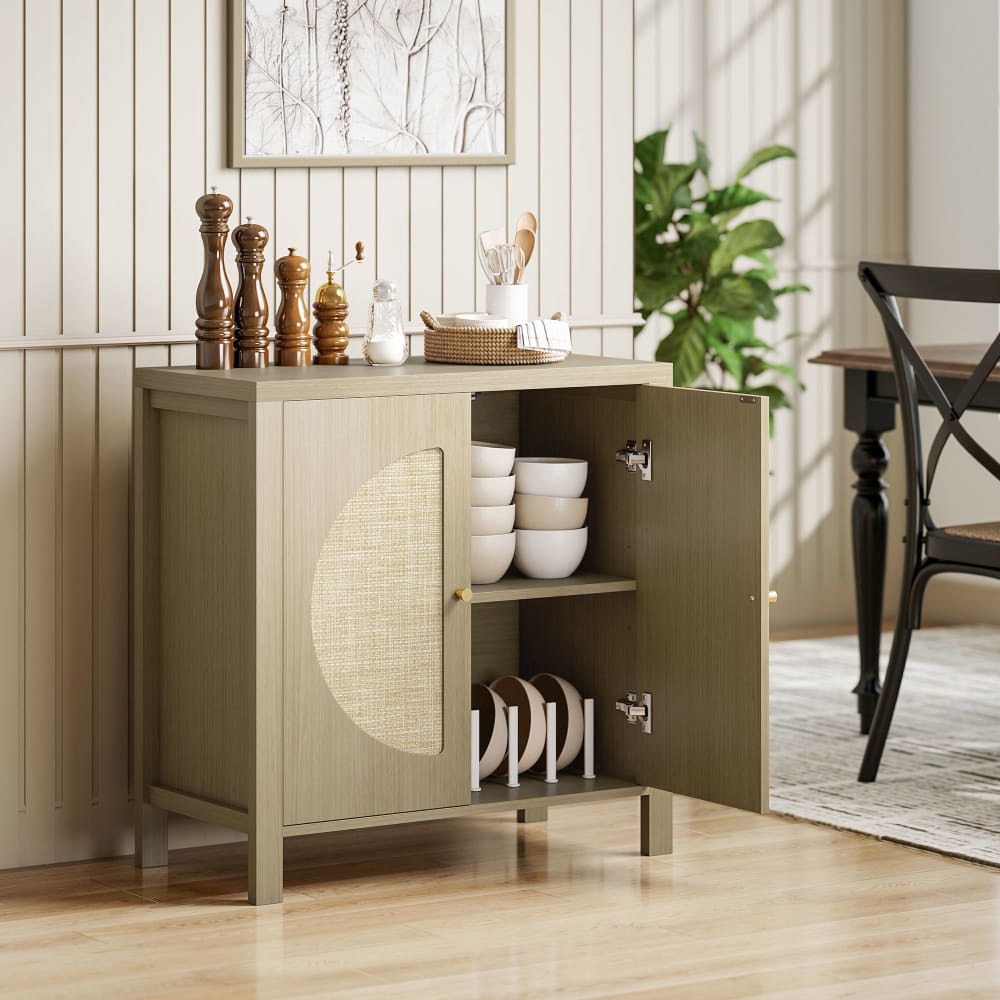 Détail des portes à effet rotin du buffet HOMCOM