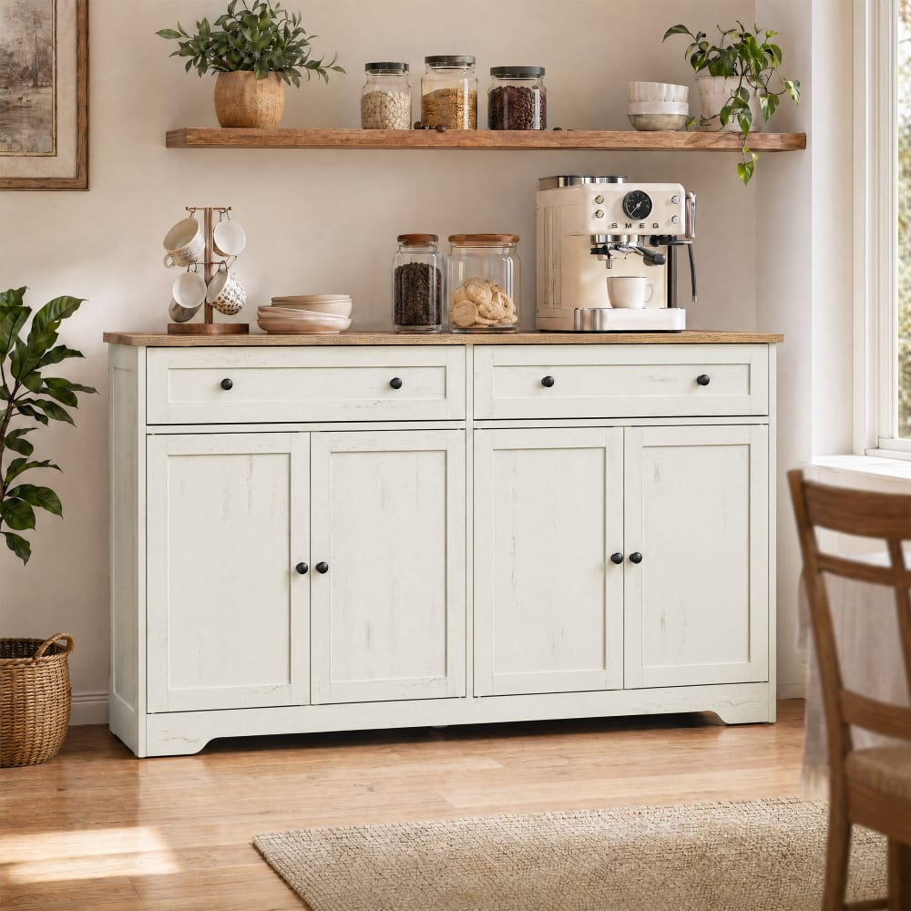 Détail des tiroirs et boutons ronds du buffet SIREN blanc